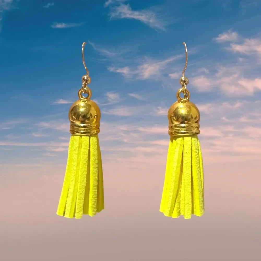 Lemon Yellow Suede Earrings, 10kt Gold Hypoallergenic Dangle Item #2264